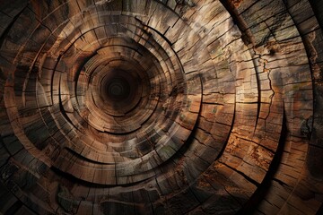 Fototapeta premium Wooden planks forming a tunnel with concentric circles receding into a dark point