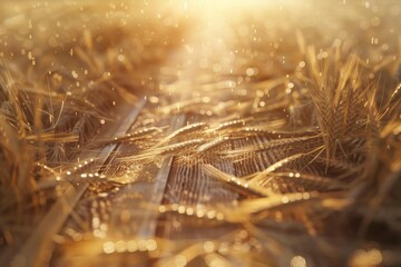Naklejka premium Close up of ripe wheat stalks glistening with raindrops under the warm glow of the setting sun