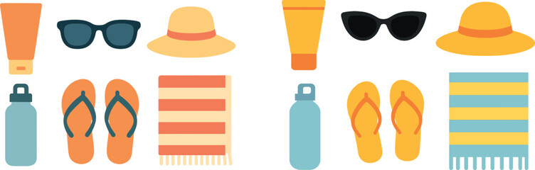 A collection of beach essentials laid out on a flat surface includes sunblock, sunglasses, a hat, flip-flops, a water bottle, and a towel, ready for a day at the beach.