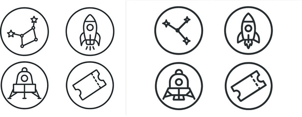 Icons depict elements of space exploration: a constellation, a rocket ready for launch, a lunar lander preparing for touchdown, and an adventure ticket for space enthusiasts exciting about the cosmos.
