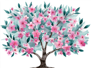 Obraz premium Watercolor Cherry Blossom Sakura Tree with Pink Flowes and Green Leaves on Whit Background