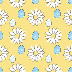 Three color seamless pattern with simple daisy flowers and Easter eggs, minimal spring repeat