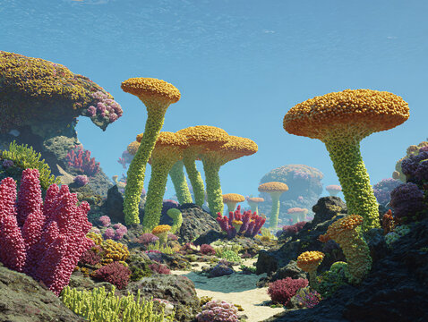 Fantasy Alien Landscape with Giant Mushroom Structurs and Colorful Coral-Like lora