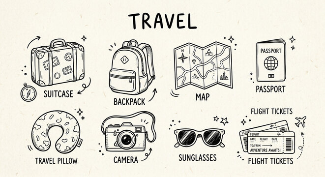 Collection of travel essentials including a suitcase, backpack, map, passport, travel pillow, camera, sunglasses, and flight tickets ready for a journey