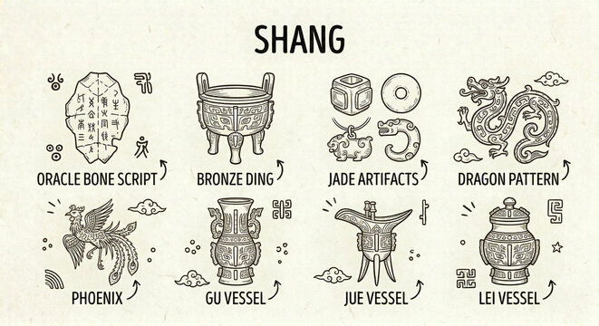Shang dynasty artifacts including oracle bone script, bronze ding, jade artifacts, dragon pattern, phoenix, gu vessel, jue vessel, and lei vessel