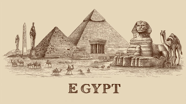 An artistic sketch depicts the iconic pyramids and Sphinx of Egypt with people riding camels in the desert landscape.