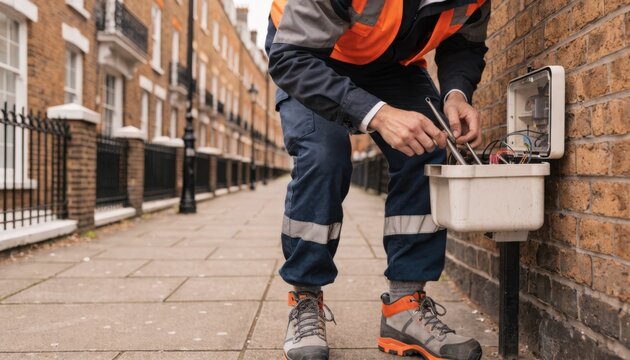 Medium shot of technician accessing demarc box on a townhouse row emphasizing hands and tools while facade details fade gently out of focus.