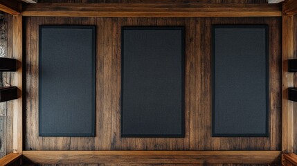 An overhead view of a wooden surface featuring three textured panels on a rustic floor