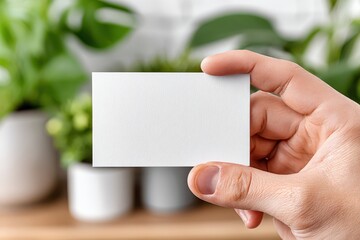 Obraz premium Close-up of a blank white business card held in a hand with a blurred background of green plants and a wooden surface, providing a clean and natural aesthetic.