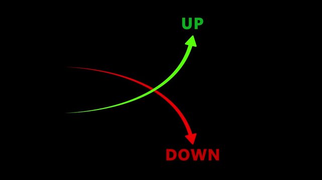 Financial trend animation featuring green arrow moving up and red arrow moving down on black background