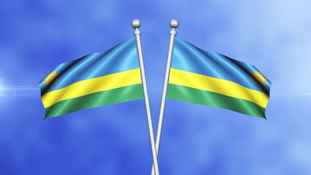 Rwanda Crossed Flags Waving in Blue Sky Loop