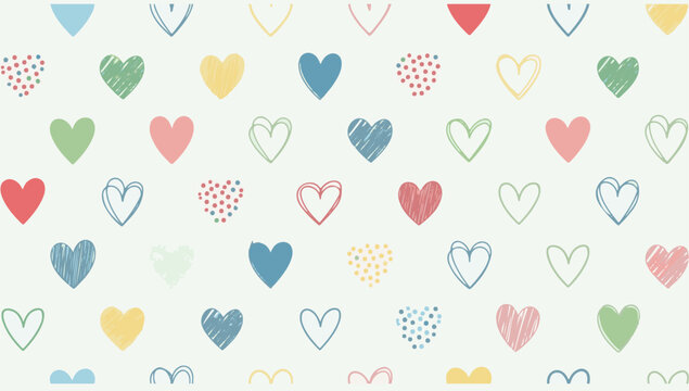 Hand Drawn Colorful Heart Pattern with Cute Doodles and Polka Dots on Cream Background
