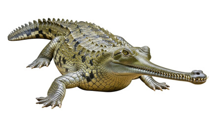 Isolated Gharial basking, a crocodilian with a long, thin snout, crawling on no background