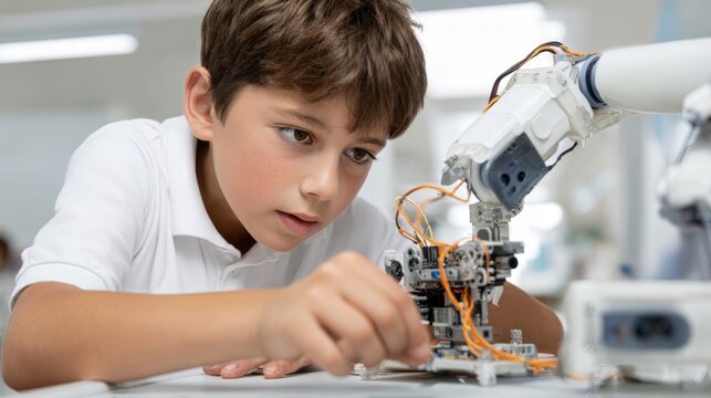 Young boy assembling robotics kit with attention. Child learning about engineering and science, educational technology concept.