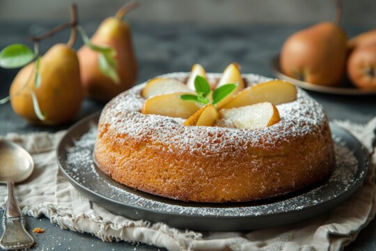 Homemade pear cake with icing sugar and fresh fruit decorating the top, served on a dark plate