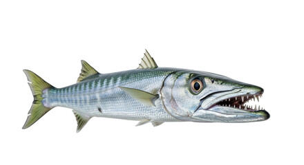 Naklejka premium Isolated Barracuda fish predator with open mouth, teeth. Dangerous aquatic animal isolated