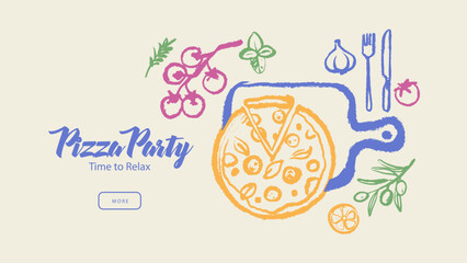 Vintage summer Italian Mediterranean pizzeria set. Hand drawn crayon isolated vector illustration. Amalfi sketch vacation design. Pizza, cheese, tomato, olive branch. © pim