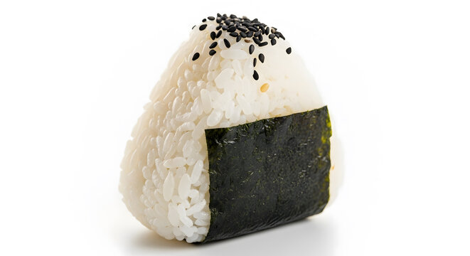 AI PHOTO - Single onigiri with sesame seed on top, shot close up and macro on a white background