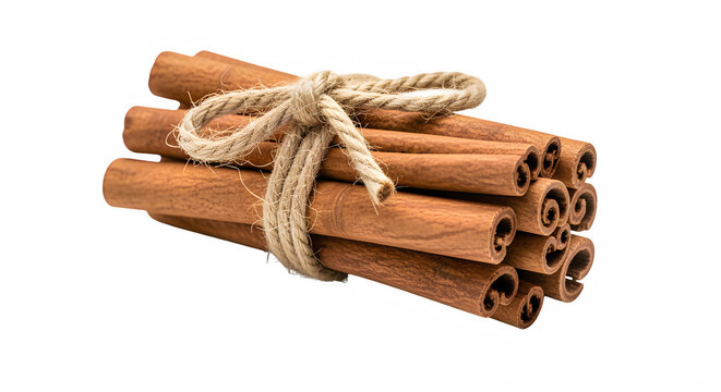 Bunch of cinnamon sticks tied with jute rope isolated on white background transparent background