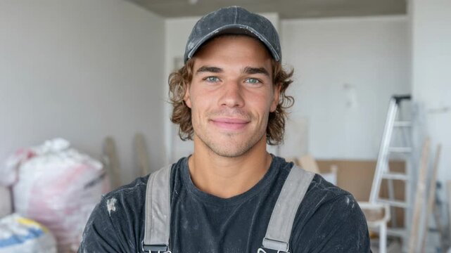 Young builder with curly hair and cap smiling at camera, construction site background, DIY contractor, home improvement worker, renovation project.