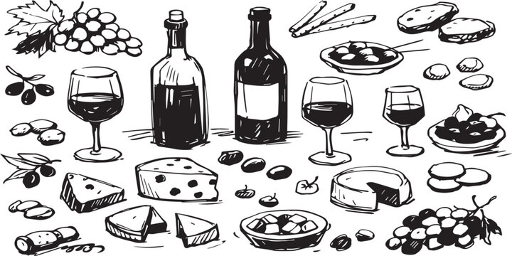 A gourmet restaurant table set with a bottle of red wine, a glass of champagne, and a plate of fresh meat and cheese for a delicious celebration dinner