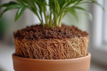 Obraz premium Close-up of the root system of a potted plant, revealing the intricate network of roots intertwined within the soil and extending towards the base of the planter, showcasing healthy growth.