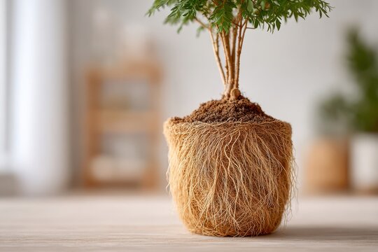 Close-up of a small green tree with exposed roots, ready for transplanting, set on a wooden surface, against a soft, blurred background with natural light indoors.