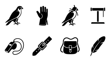 Naklejka premium Falconry Icon Set – Silhouette Illustrations Featuring Falcon, Glove, Hooded Bird, Perch, Whistle, Strap, Satchel, and Feather for Traditional Hunting and Training Designs
