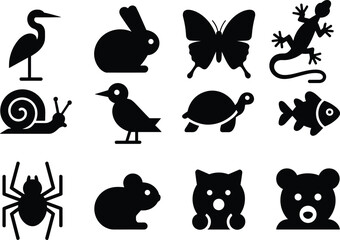 Animal silhouette icon collection with bird rabbit butterfly lizard snail turtle fish spider cat and bear simple wildlife vector set © Ariful