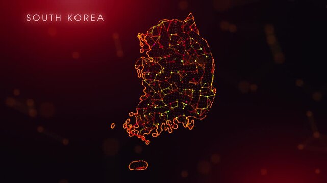A dynamic motion video showcasing the South Korea country border through a colorful plexus reveal. Glowing red and orange dots represent high-tech data communication and global digital networks.