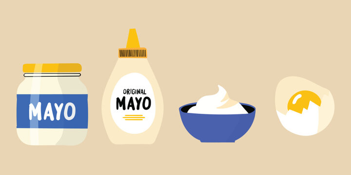 Mayonnaise ingredients and condiment icons including jar bottle bowl and egg