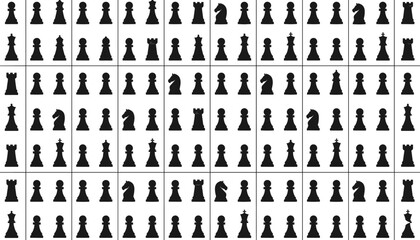Black chess pieces on white background arranged in grid pattern © Mokarrm Art