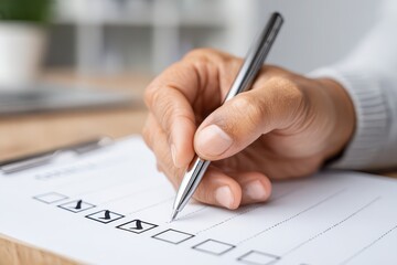 Close-up of a hand filling out a checklist with a pen, marking boxes for tasks, completing a form, concept of assessment, survey and evaluation processes, business goals.