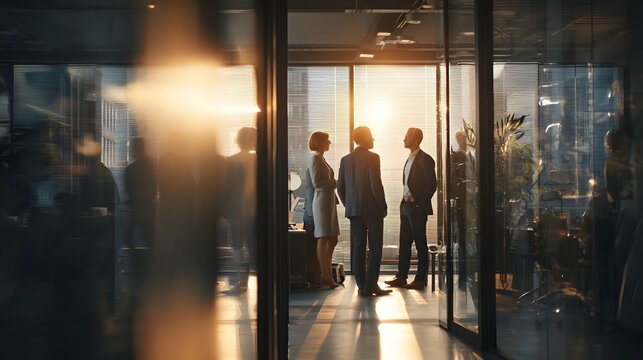 A group of business professionals standing in a modern office building with a stunning city view at sunset