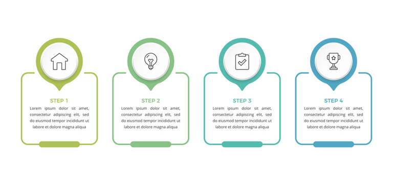 Infographic template with four steps with icons and linear frames for text