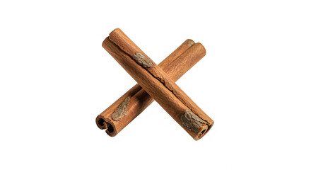 Two cinnamon sticks crossed over each other on white background transparent background