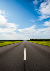 Fototapeta premium Empty two-lane highway with clear road markings leading through lush green fields under a bright, partly cloudy sky.