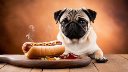 A dog relaxes near a hot dog with a sausage in a bun.