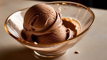 two scoops of chocolate ice cream in a clear bowl