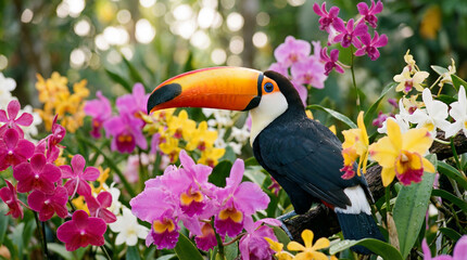Fototapeta premium Toucan Among Colorful Orchids in Lush Tropical Rainforest Garden Setting