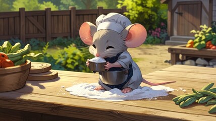 A little gray mouse cook cooking illustration