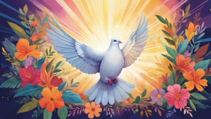 Illustration of a white dove in the rays of the sun