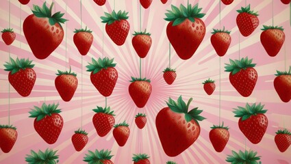 Strawberries levitating on a pink background