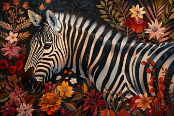 Fototapeta premium Zebra head with black and white stripes surrounded by colorful blooming flora and leaves
