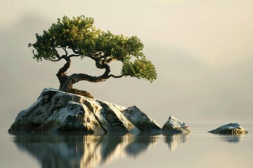 Naklejka premium Bonsai tree growing on a rocky islet with a calm water reflection, creating a zen atmosphere