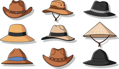 Different Hat Styles Collection Vector Set with Cowboy Fedora Straw and Asian Conical Hats Illustration © Daloara PNG Store