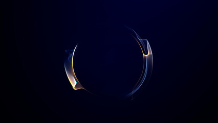 Futuristic blue and orange glowing plasma ring forming abstract digital sphere outline on dark background. Smooth liquid light energy circle with minimal sci fi glow aesthetic.