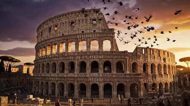 The iconic Roman Colosseum bathed in the warm golden light of sunset, viewed through ancient arched stone ruins with a flock of birds flying overhead.