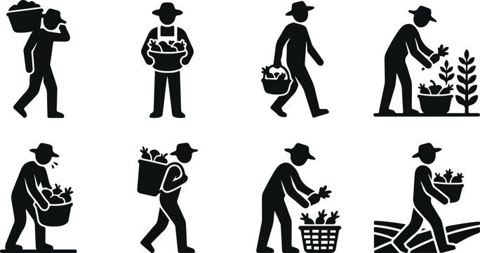 Farmer carrying basket and harvesting vegetables silhouette icon set