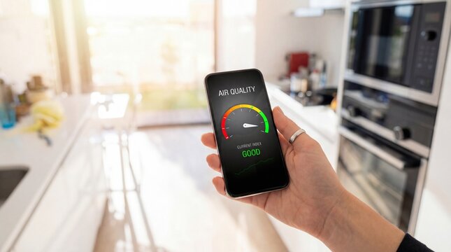 Close-up of a hand holding a smartphone with an air quality monitoring app, showing a 'Good' index in a modern, bright kitchen interior.